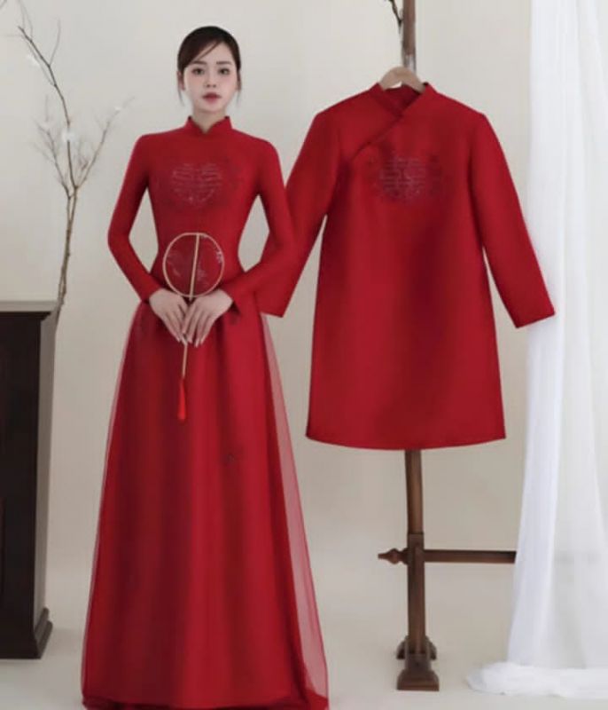 ÁO DÀI CẶP DÂU RỂ ĐỎ HỶ 2 HOA